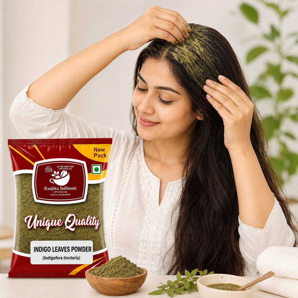 Kunjika Jadibooti Indigo Leaves Powder | For Natural Hair Colour, Smooth & Shiny Hair | Fresh Dry Raw Herbs, Ayurvedic Jadibooti Powder - 100 gm
