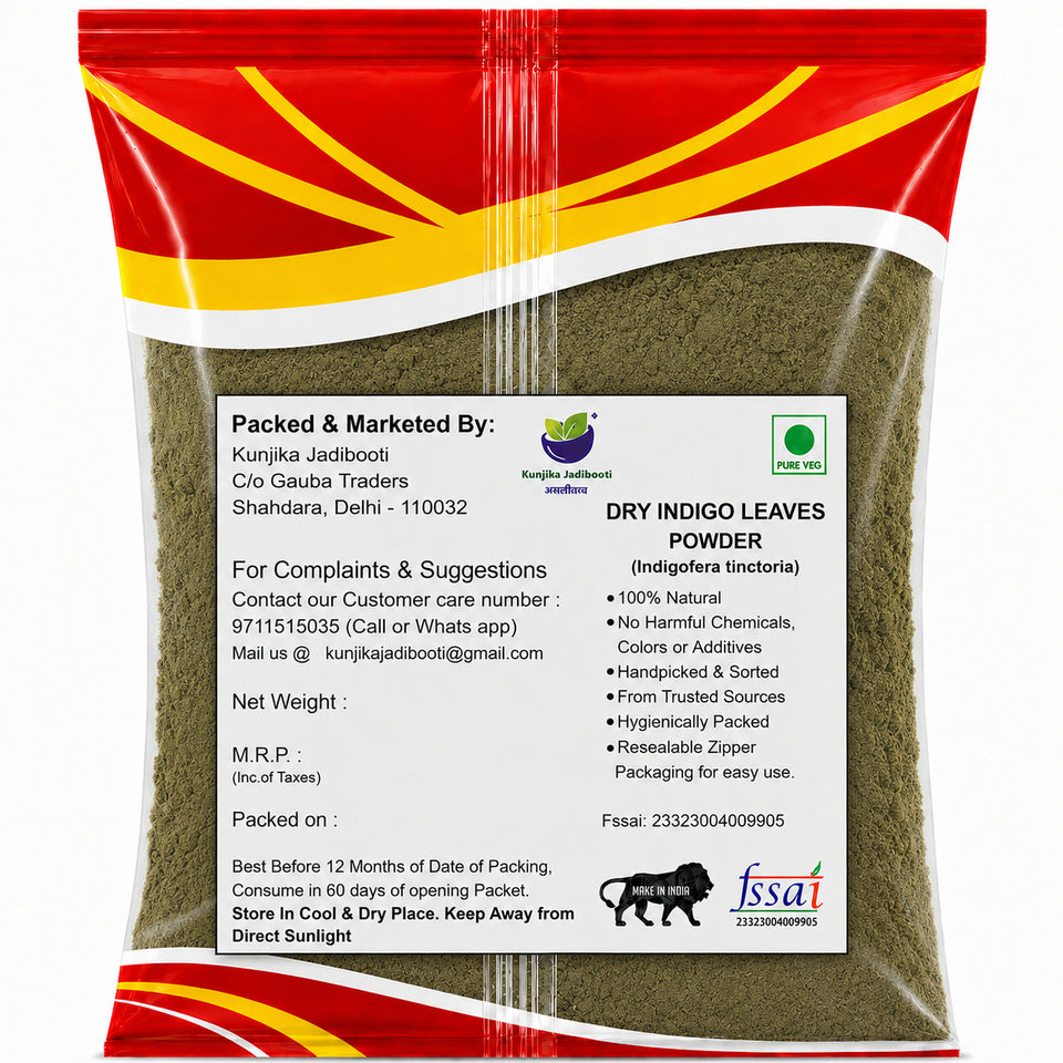 Kunjika Jadibooti Indigo Leaves Powder | For Natural Hair Colour, Smooth & Shiny Hair | Fresh Dry Raw Herbs, Ayurvedic Jadibooti Powder - 100 gm