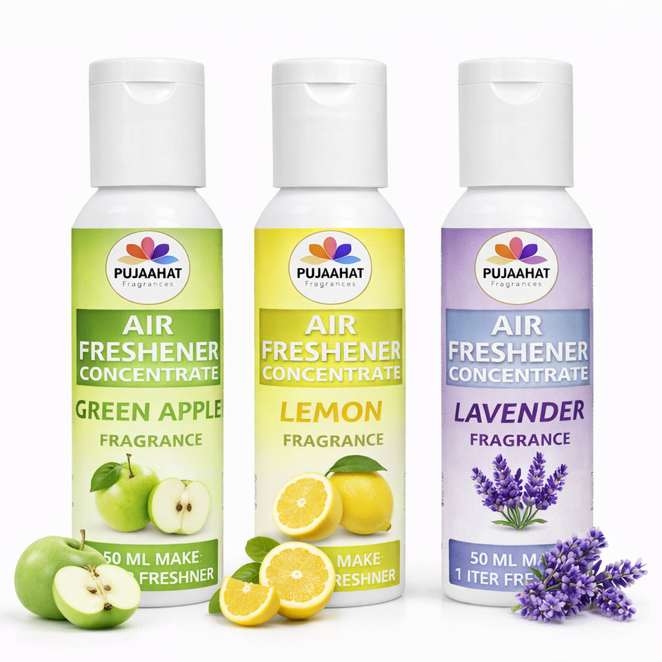 Green Apple, Lemon, Lavender Air Freshener Concentrate Set of 3 (50ml Each) Makes 1 Liter Each | Long Lasting Room Freshener Liquid | Fragrance Combo for Home, Office, Car | Alcohol-Free Premium Fragrance by Pujahaat