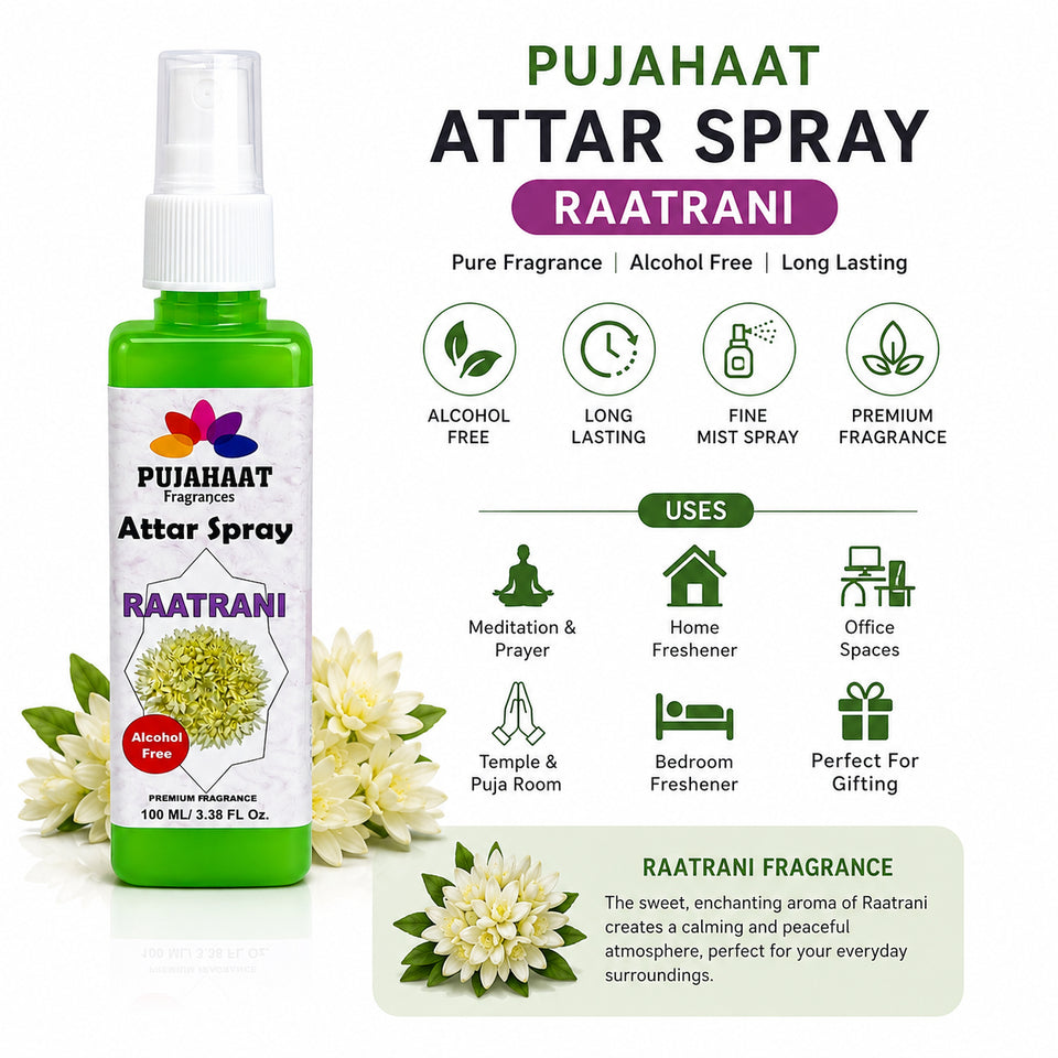 Pujahaat Raatrani Attar Spray | 100ml Night Queen Alcohol-Free Air Freshener | Room, Fabric & Car Mist