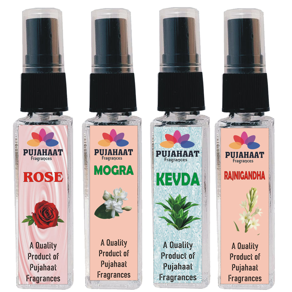 Pujahaat Mogra, Rose, Khus, Kachha Bela Set of 4 Perfume Attar Spray 8ml | itra/ittar Perfume | For Pooja/Personal Use