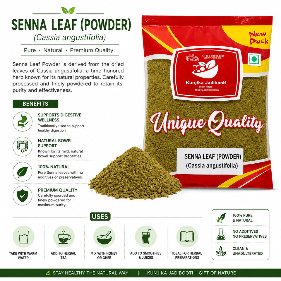 Kunjika Jadibooti Senna Leaves Powder | Nilavarai | Sanay | Cassia angustifolia | Alexandrina| Cassia Angustifolia| Sonamukhi Patta| Sanay Patti |Sonamukhi Leaves Powder 100 gm