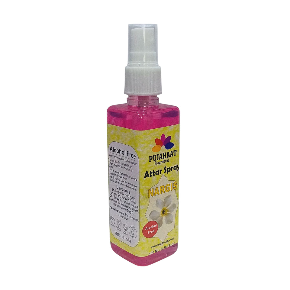 Pujahaat Nargis Attar Spray | 100 ml Non Alcoholic Spray | Religious Mist | Air Freshener, Room Mist, Fabric & Linen Spray | Perfect for Prayers Rooms, Living Room, sofas, curtains, car