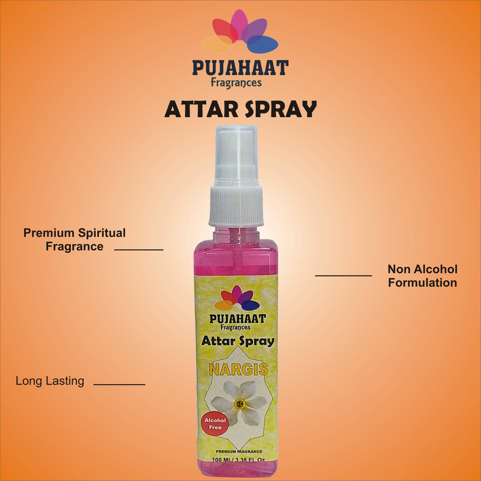 Pujahaat Nargis Attar Spray | 100 ml Non Alcoholic Spray | Religious Mist | Air Freshener, Room Mist, Fabric & Linen Spray | Perfect for Prayers Rooms, Living Room, sofas, curtains, car