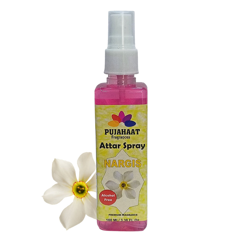 Pujahaat Nargis Attar Spray | 100 ml Non Alcoholic Spray | Religious Mist | Air Freshener, Room Mist, Fabric & Linen Spray | Perfect for Prayers Rooms, Living Room, sofas, curtains, car