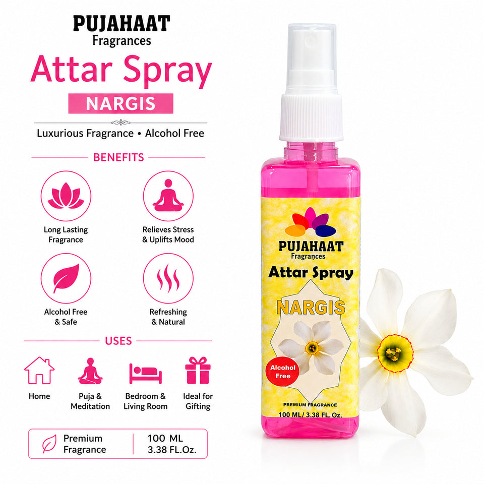Pujahaat Nargis Attar Spray | 100 ml Non Alcoholic Spray | Religious Mist | Air Freshener, Room Mist, Fabric & Linen Spray | Perfect for Prayers Rooms, Living Room, sofas, curtains, car
