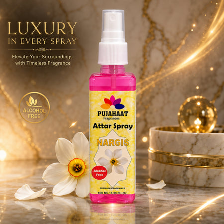 Pujahaat Nargis Attar Spray | 100 ml Non Alcoholic Spray | Religious Mist | Air Freshener, Room Mist, Fabric & Linen Spray | Perfect for Prayers Rooms, Living Room, sofas, curtains, car