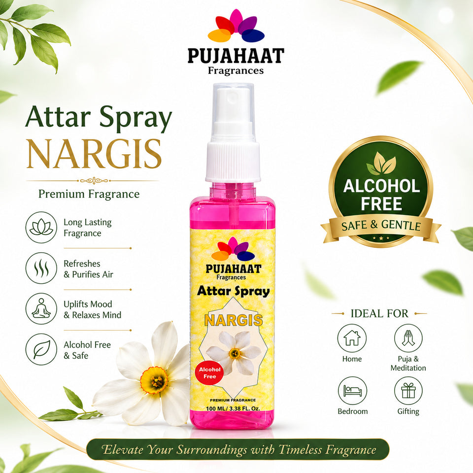 Pujahaat Nargis Attar Spray | 100 ml Non Alcoholic Spray | Religious Mist | Air Freshener, Room Mist, Fabric & Linen Spray | Perfect for Prayers Rooms, Living Room, sofas, curtains, car