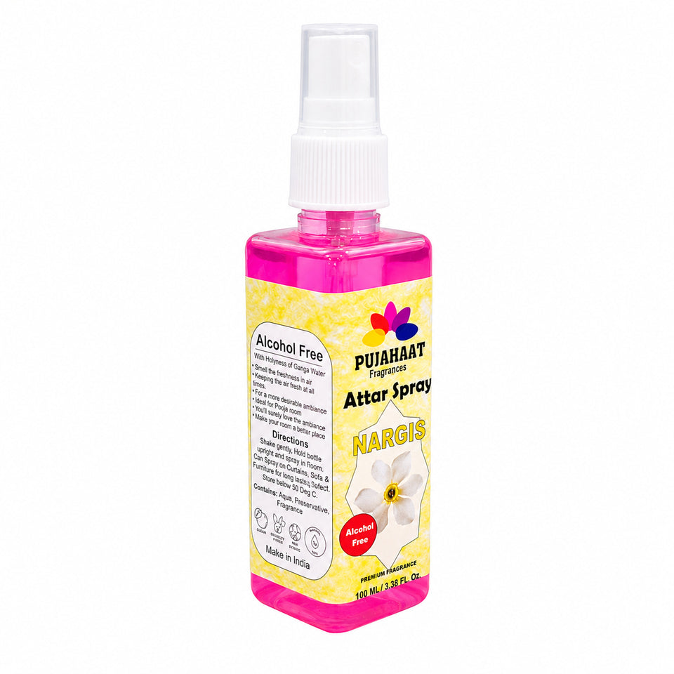 Pujahaat Nargis Attar Spray | 100 ml Non Alcoholic Spray | Religious Mist | Air Freshener, Room Mist, Fabric & Linen Spray | Perfect for Prayers Rooms, Living Room, sofas, curtains, car