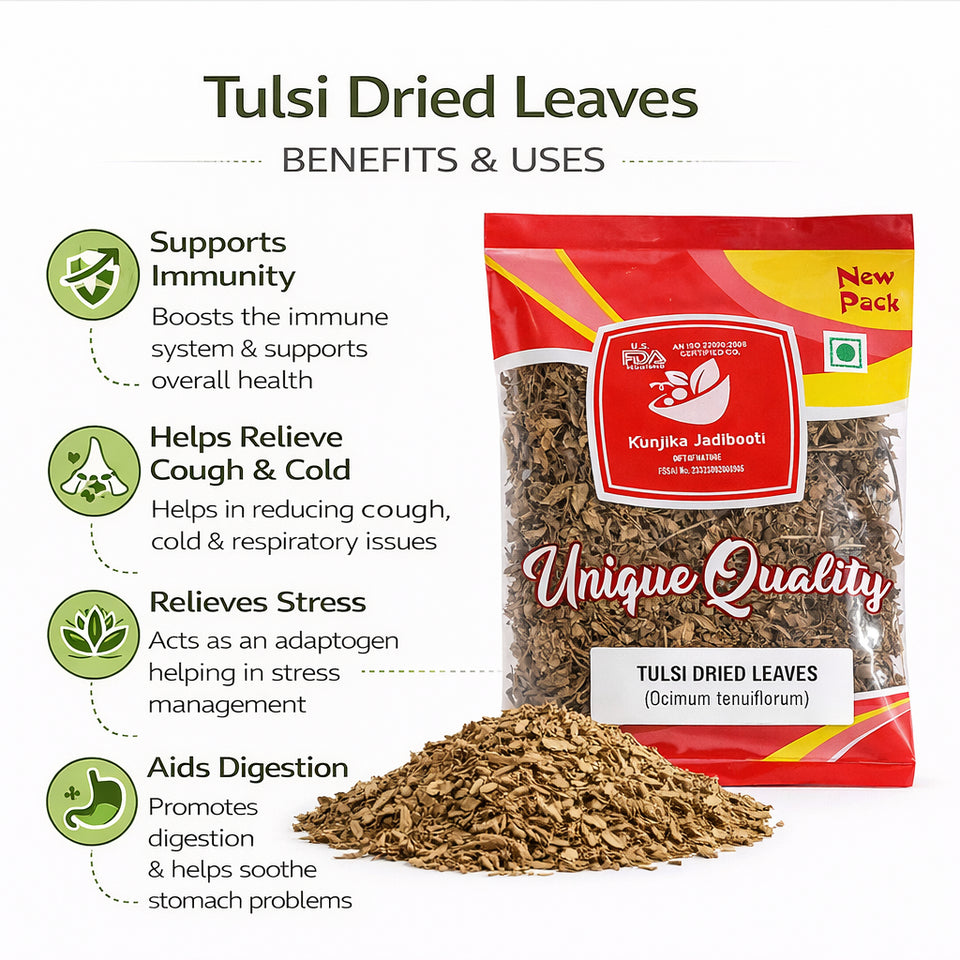 Kunjika Jadibooti Dried Tulsi Leaves | Holy Basil (Ocimum tenuiflorum) tulasi | Indian Basil - 100 gm