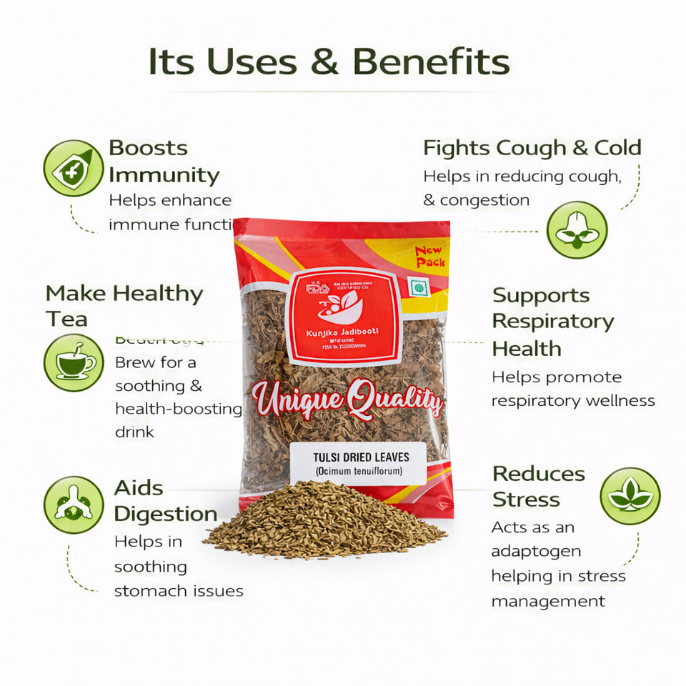 Kunjika Jadibooti Dried Tulsi Leaves | Holy Basil (Ocimum tenuiflorum) tulasi | Indian Basil - 100 gm