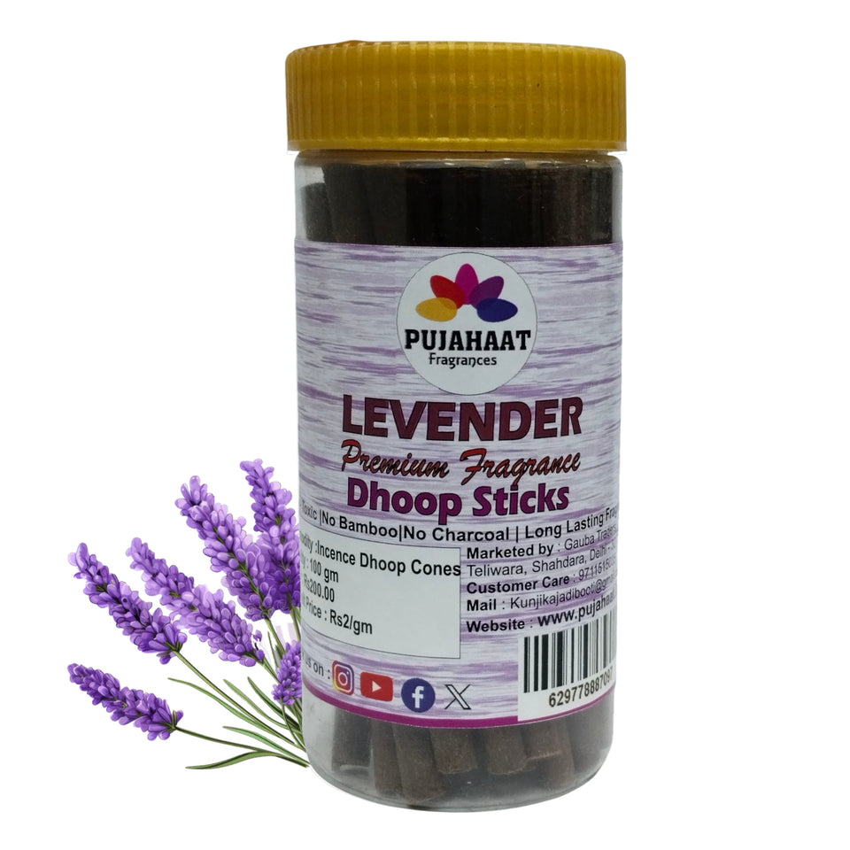 Pujahaat Levender Rare Premium Scented Incense Stick | Dry Dhoop Stick | No Charcoal, Bambooless | Dhoop Batti 4 inches with free Holder - Levender Fragrance