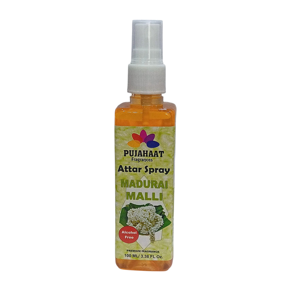 Madurai Malli Attar Spray by Pujahaat | 100 ml Non Alcoholic Spray | Religious Mist | Air Freshener, Room Mist, Fabric & Linen Spray | Perfect for Prayers Rooms, Living Room, sofas, curtains, car