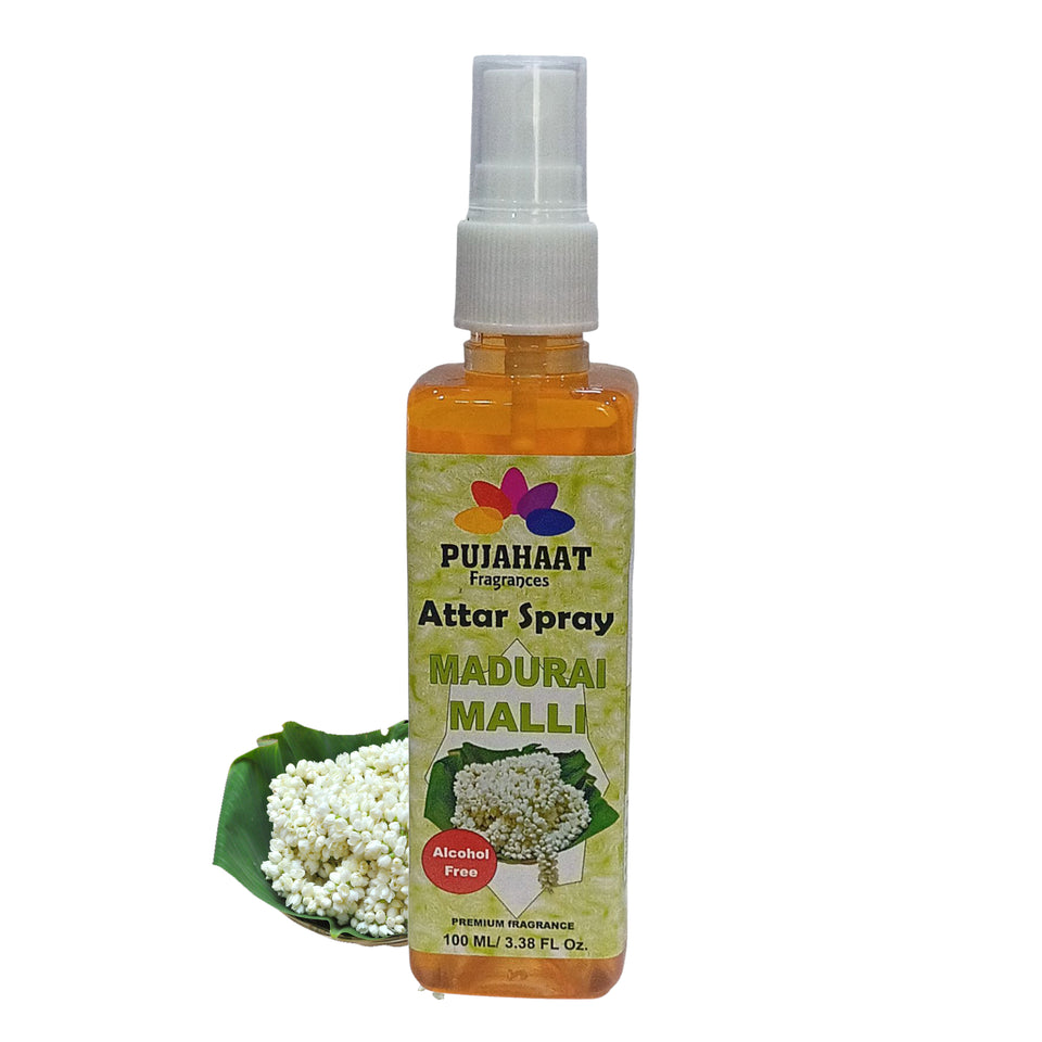 Madurai Malli Attar Spray by Pujahaat | 100 ml Non Alcoholic Spray | Religious Mist | Air Freshener, Room Mist, Fabric & Linen Spray | Perfect for Prayers Rooms, Living Room, sofas, curtains, car