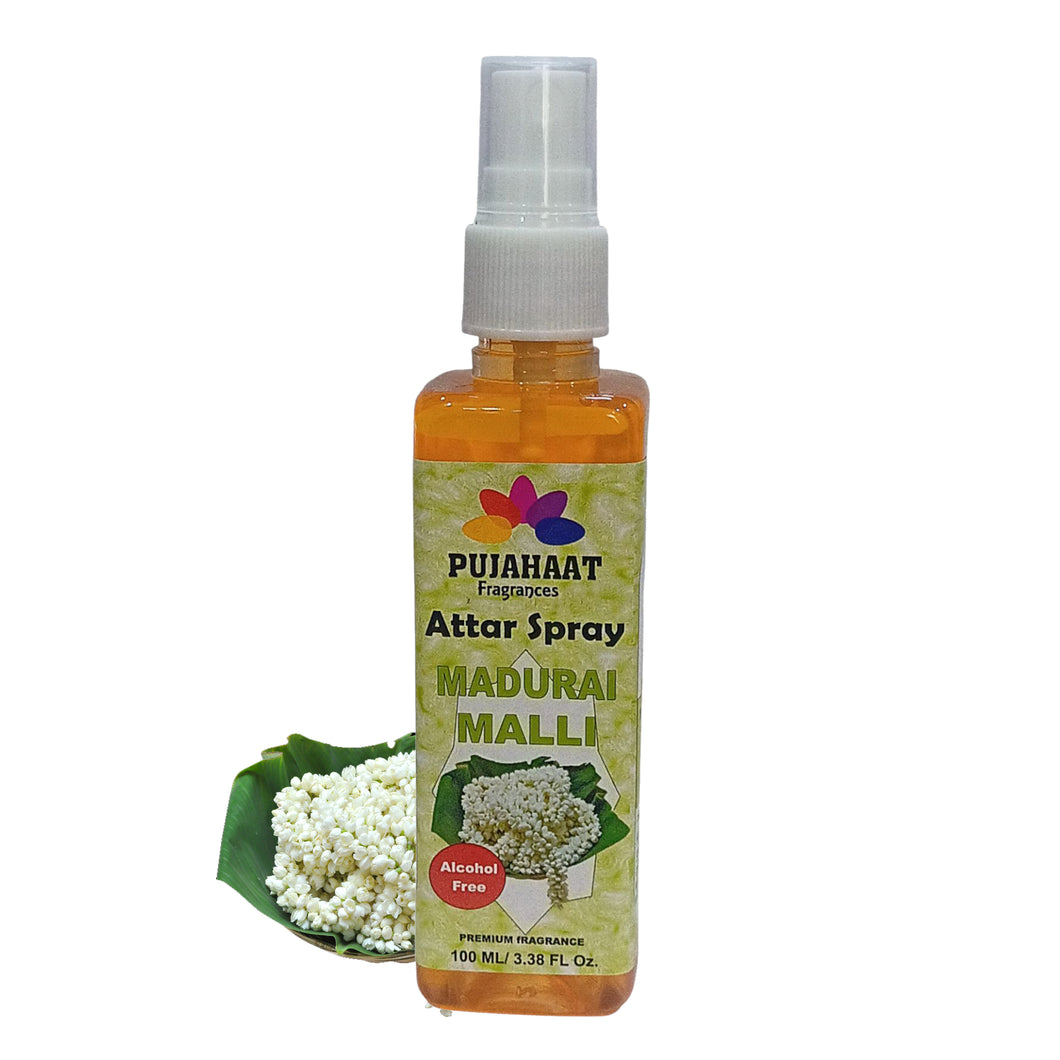 Madurai Malli Attar Spray by Pujahaat | 100 ml Non Alcoholic Spray | Religious Mist | Air Freshener, Room Mist, Fabric & Linen Spray | Perfect for Prayers Rooms, Living Room, sofas, curtains, car
