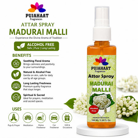 Madurai Malli Attar Spray by Pujahaat | 100 ml Non Alcoholic Spray | Religious Mist | Air Freshener, Room Mist, Fabric & Linen Spray | Perfect for Prayers Rooms, Living Room, sofas, curtains, car