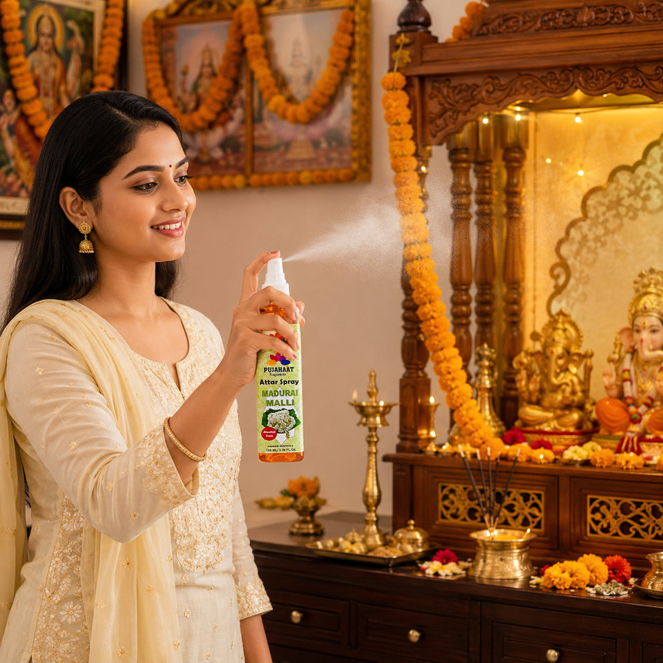 Madurai Malli Attar Spray by Pujahaat | 100 ml Non Alcoholic Spray | Religious Mist | Air Freshener, Room Mist, Fabric & Linen Spray | Perfect for Prayers Rooms, Living Room, sofas, curtains, car