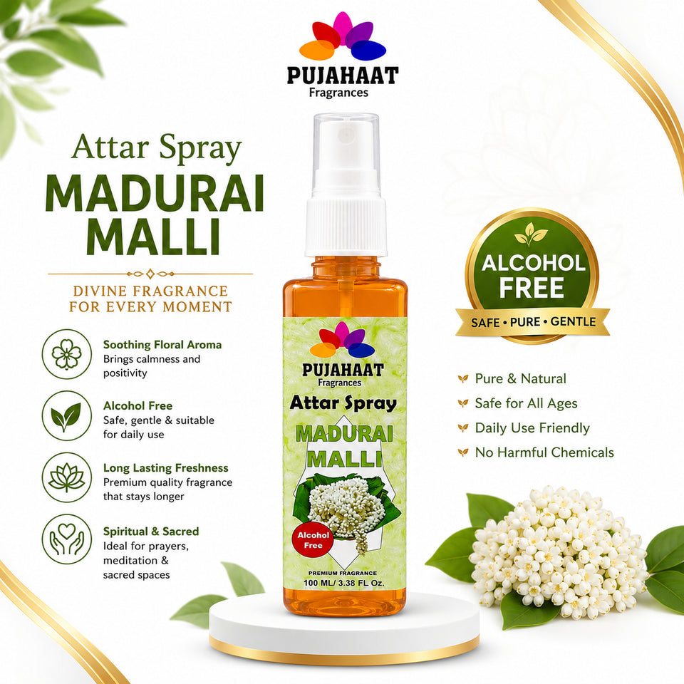Madurai Malli Attar Spray by Pujahaat | 100 ml Non Alcoholic Spray | Religious Mist | Air Freshener, Room Mist, Fabric & Linen Spray | Perfect for Prayers Rooms, Living Room, sofas, curtains, car