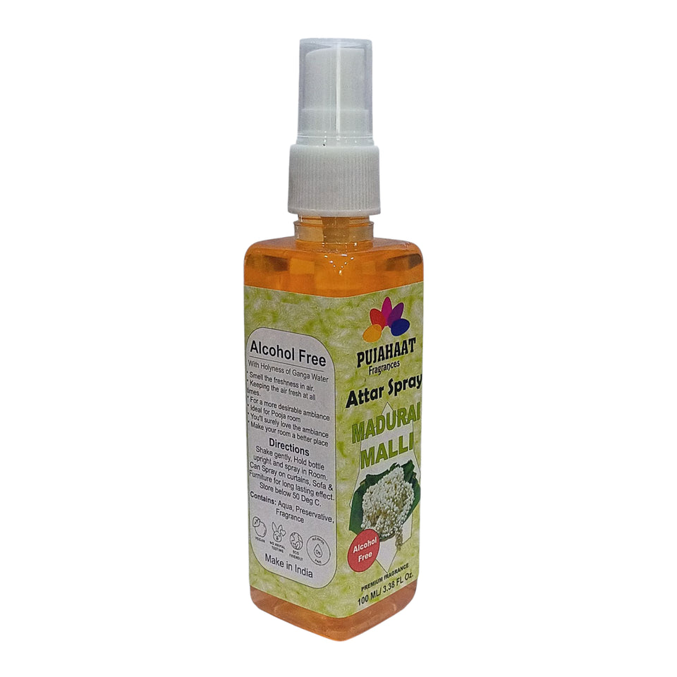 Madurai Malli Attar Spray by Pujahaat | 100 ml Non Alcoholic Spray | Religious Mist | Air Freshener, Room Mist, Fabric & Linen Spray | Perfect for Prayers Rooms, Living Room, sofas, curtains, car