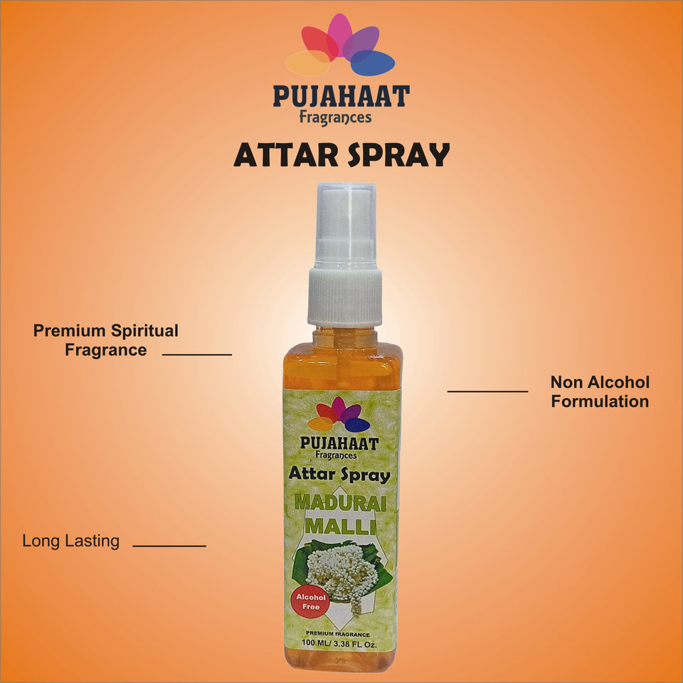 Madurai Malli Attar Spray by Pujahaat | 100 ml Non Alcoholic Spray | Religious Mist | Air Freshener, Room Mist, Fabric & Linen Spray | Perfect for Prayers Rooms, Living Room, sofas, curtains, car