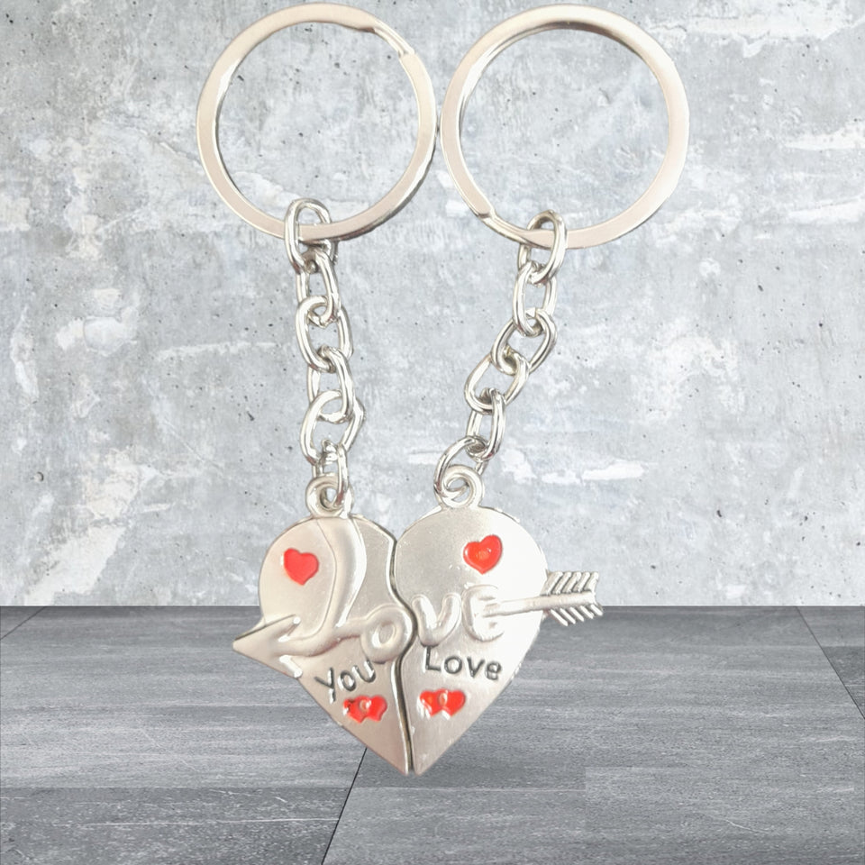 Love Heart with Arrow Magnet Couple Keychain (Set of 2 keychains makes 1 heart) (Silver) Metal Keychain for Men and Women for Bags, Pouches, Car, Bike, gifting Broken Heart