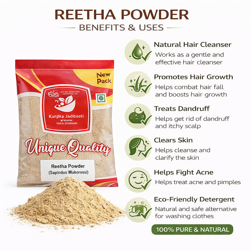 Kunjika Jadibooti Organic Reetha Powder, Kunkudukai powder, Aritha, Ritha, Soapnut, for Hair Growth, Hair wash, Scalp treatment, Skin care 100 gm