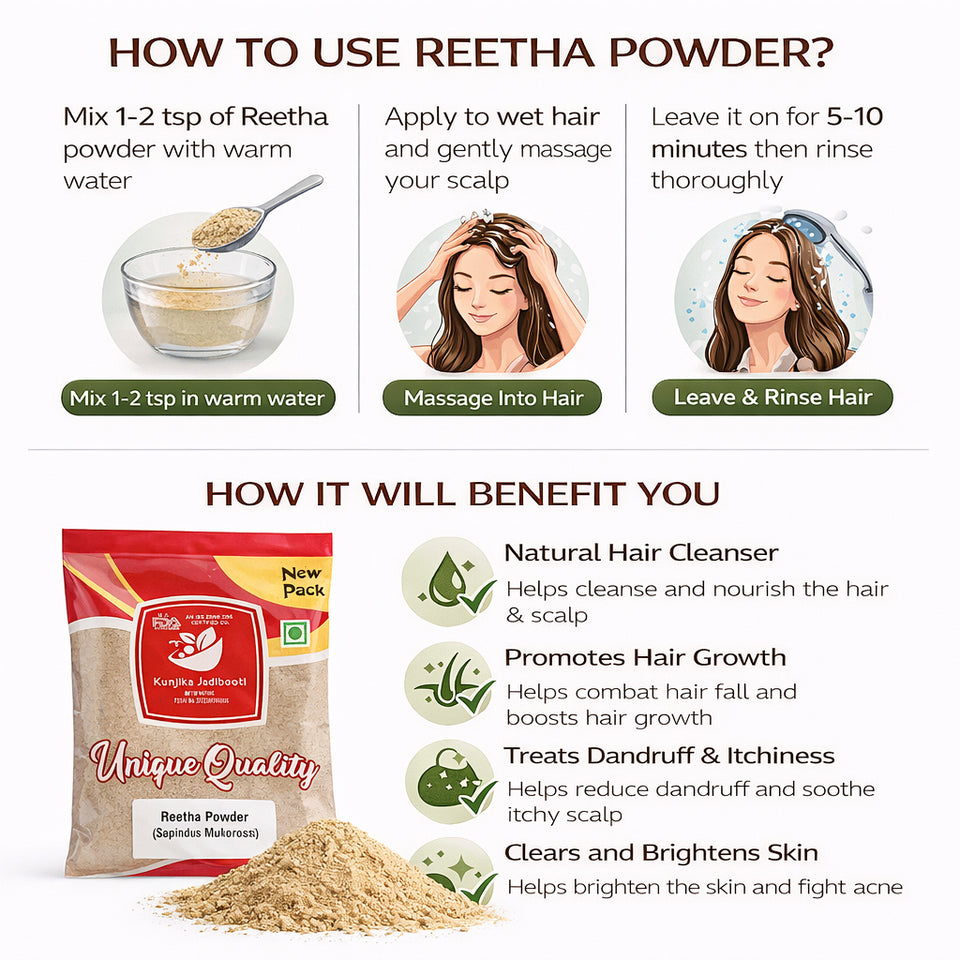 Kunjika Jadibooti Organic Reetha Powder, Kunkudukai powder, Aritha, Ritha, Soapnut, for Hair Growth, Hair wash, Scalp treatment, Skin care 100 gm