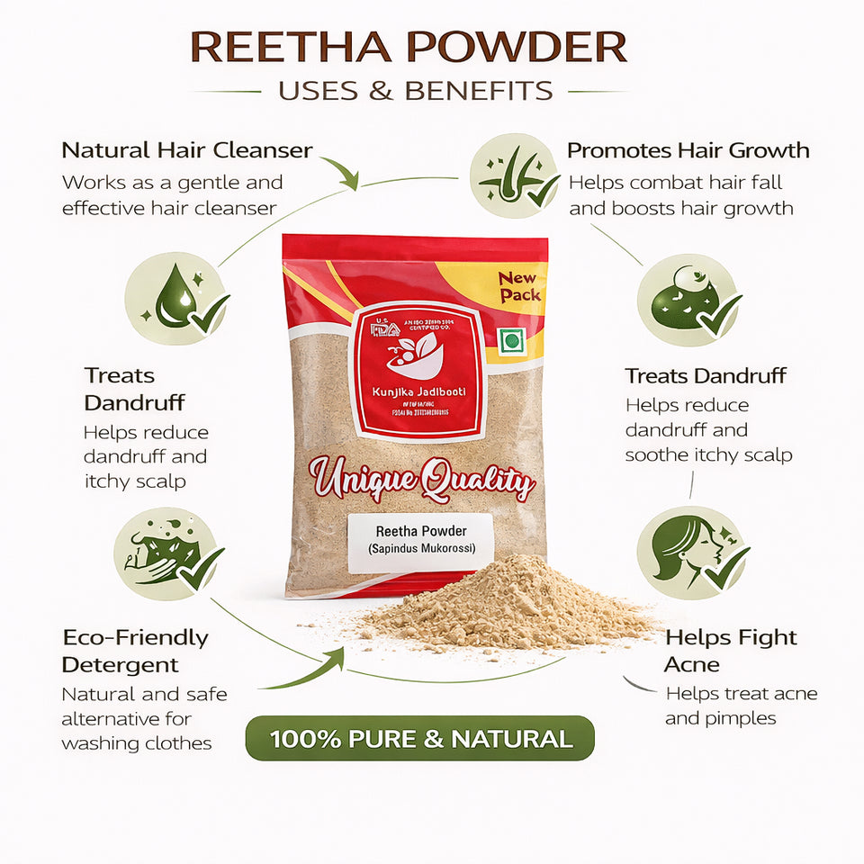 Kunjika Jadibooti Organic Reetha Powder, Kunkudukai powder, Aritha, Ritha, Soapnut, for Hair Growth, Hair wash, Scalp treatment, Skin care 100 gm