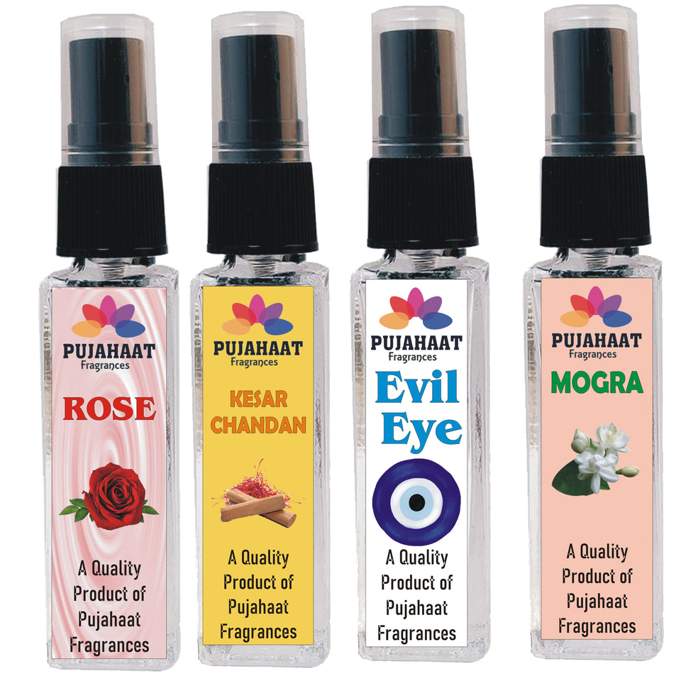 Pujahaat Mogra, Rose, Kesar Chandan, Evil Eye Set of 4 Perfume Attar Spray 8ml | itra/ittar Perfume | For Pooja/Personal Use