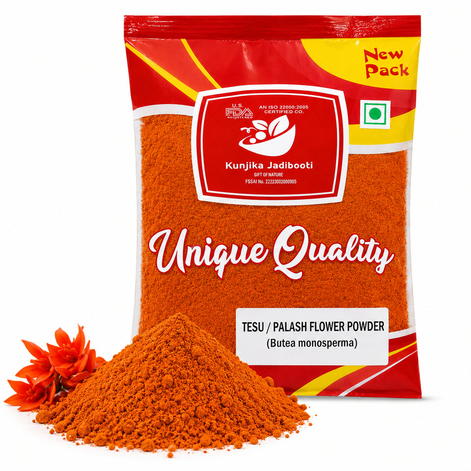 Kunjika Jadibooti Dry Tesu Ke Phool Powder - Palash Ke Phool - Dhak Ke Phool - Bute a Monosperma - Tesu phool - Phool Tesu - Dhak Phool Powder - 100 gm