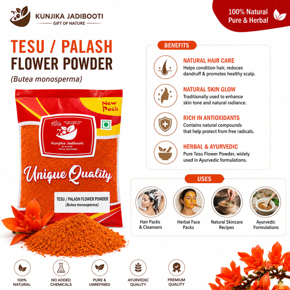 Kunjika Jadibooti Dry Tesu Ke Phool Powder - Palash Ke Phool - Dhak Ke Phool - Bute a Monosperma - Tesu phool - Phool Tesu - Dhak Phool Powder - 100 gm