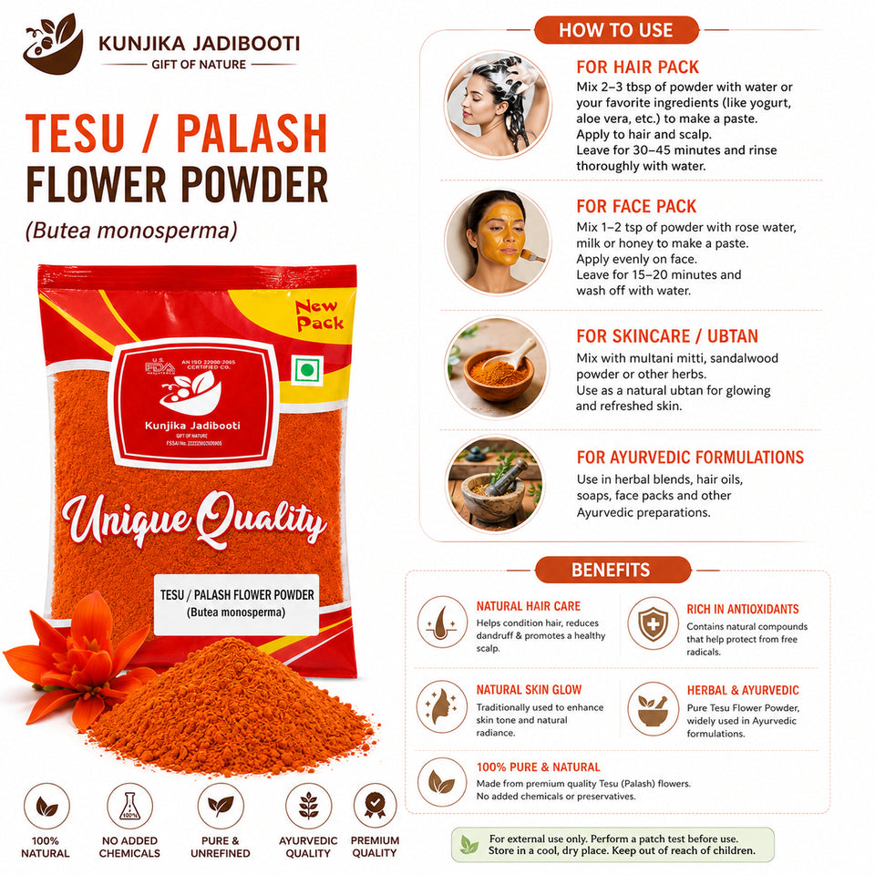 Kunjika Jadibooti Dry Tesu Ke Phool Powder - Palash Ke Phool - Dhak Ke Phool - Bute a Monosperma - Tesu phool - Phool Tesu - Dhak Phool Powder - 100 gm
