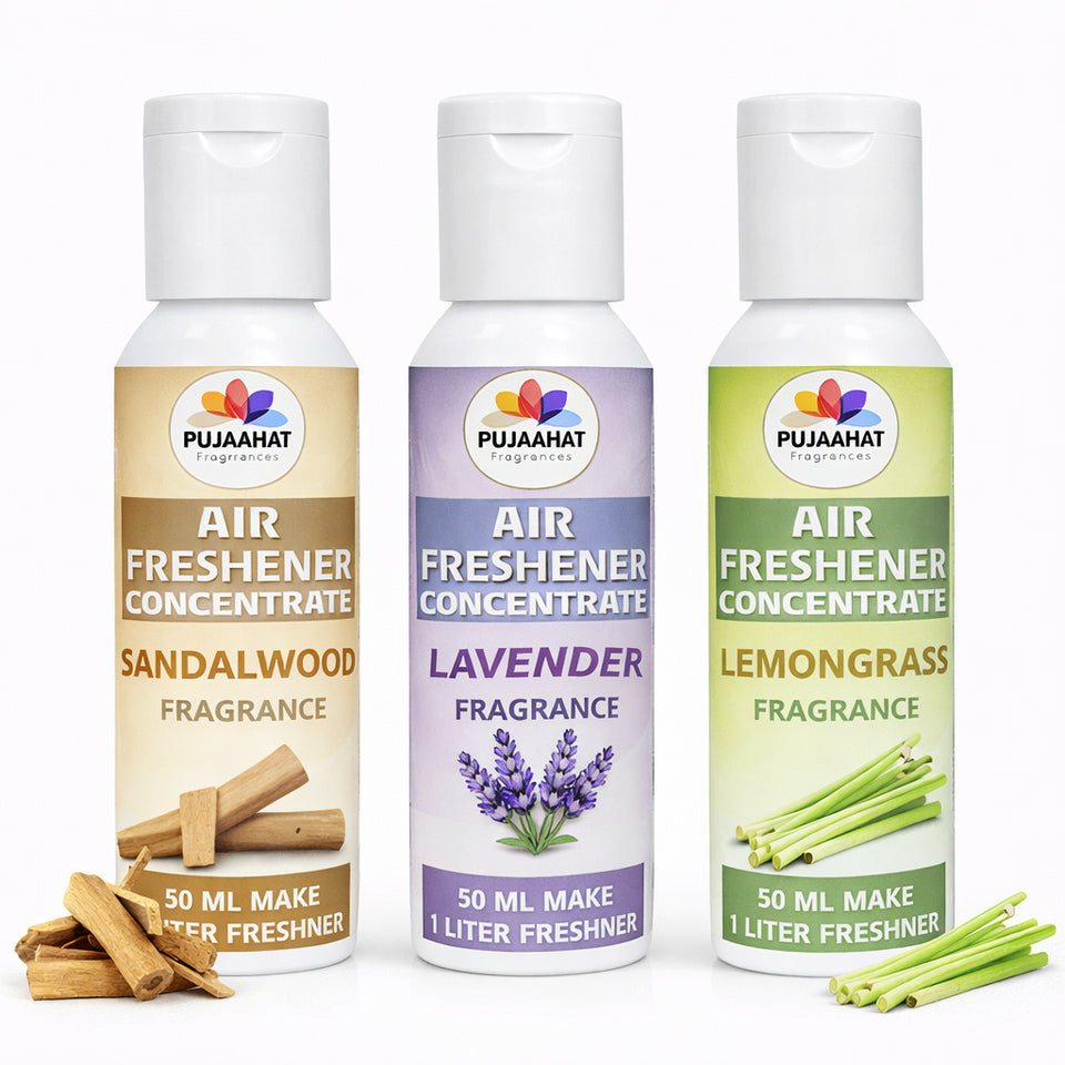 Sandalwood, Lemon Grass, Lavender Air Freshener Concentrate Set of 3 (50ml Each) Makes 1 Liter Each | Long Lasting Room Freshener Liquid | Fragrance Combo for Home, Office, Car | Alcohol-Free Premium Fragrance by Pujahaat