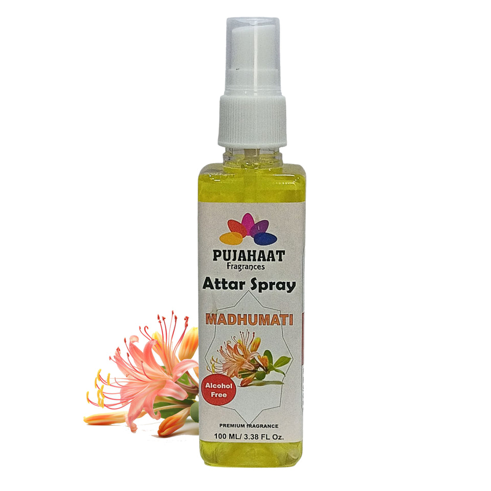 Madhumati | Honey Suckle Attar Spray by Pujahaat | 100 ml Non Alcoholic Spray | Religious Mist | Air Freshener, Room Mist, Fabric & Linen Spray | Perfect for Prayers Rooms, Living Room, sofas, curtains, car
