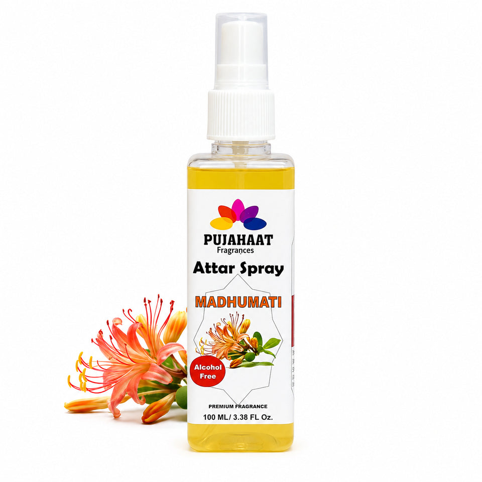 Madhumati | Honey Suckle Attar Spray by Pujahaat | 100 ml Non Alcoholic Spray | Religious Mist | Air Freshener, Room Mist, Fabric & Linen Spray | Perfect for Prayers Rooms, Living Room, sofas, curtains, car