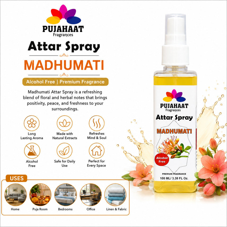 Madhumati | Honey Suckle Attar Spray by Pujahaat | 100 ml Non Alcoholic Spray | Religious Mist | Air Freshener, Room Mist, Fabric & Linen Spray | Perfect for Prayers Rooms, Living Room, sofas, curtains, car