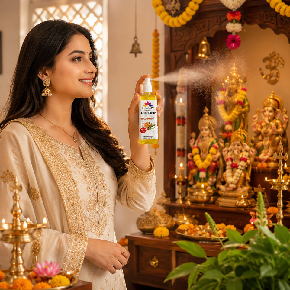 Madhumati | Honey Suckle Attar Spray by Pujahaat | 100 ml Non Alcoholic Spray | Religious Mist | Air Freshener, Room Mist, Fabric & Linen Spray | Perfect for Prayers Rooms, Living Room, sofas, curtains, car
