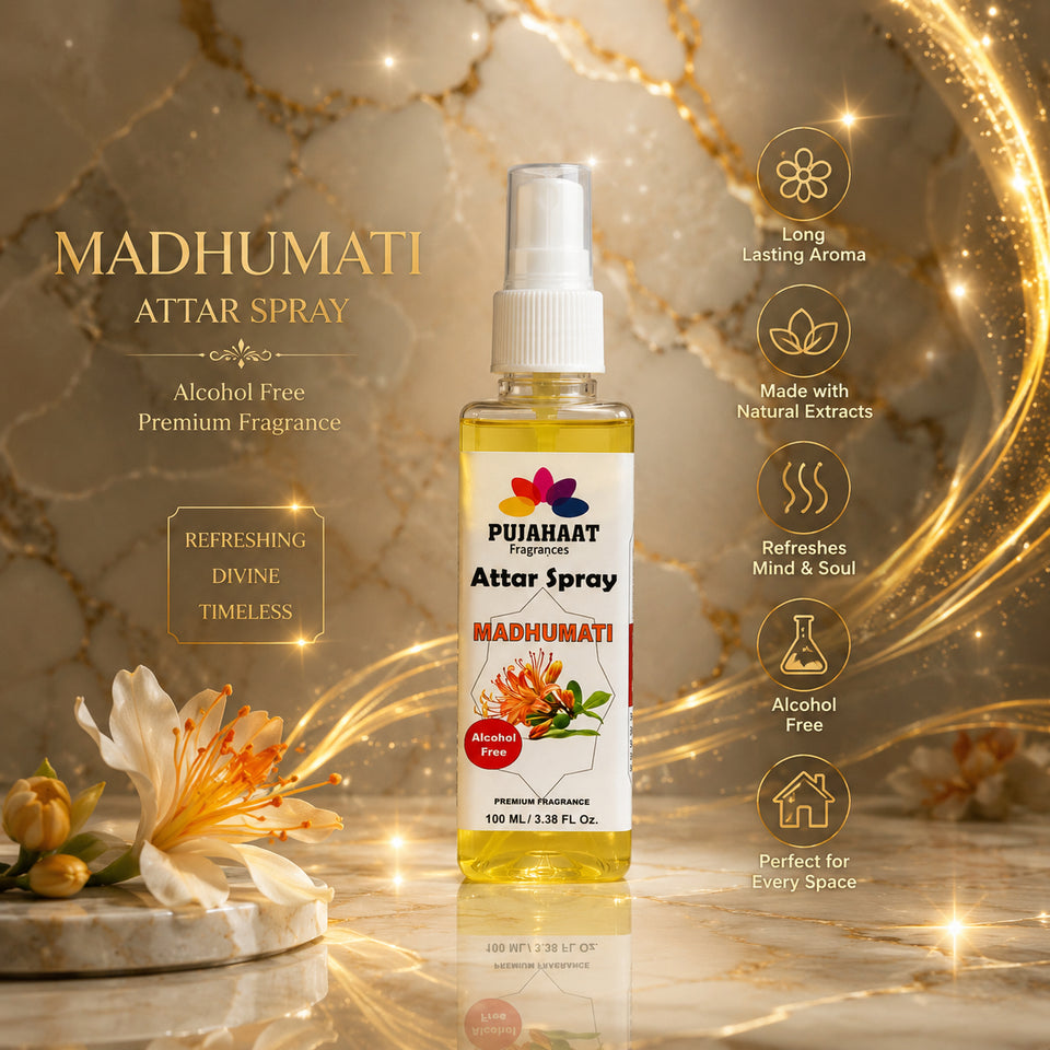 Madhumati | Honey Suckle Attar Spray by Pujahaat | 100 ml Non Alcoholic Spray | Religious Mist | Air Freshener, Room Mist, Fabric & Linen Spray | Perfect for Prayers Rooms, Living Room, sofas, curtains, car