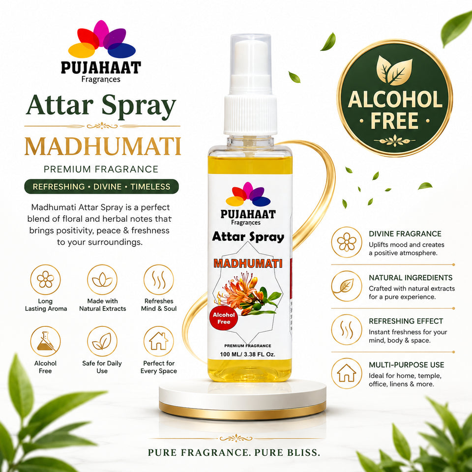 Madhumati | Honey Suckle Attar Spray by Pujahaat | 100 ml Non Alcoholic Spray | Religious Mist | Air Freshener, Room Mist, Fabric & Linen Spray | Perfect for Prayers Rooms, Living Room, sofas, curtains, car