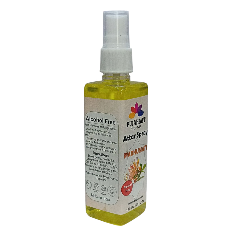 Madhumati | Honey Suckle Attar Spray by Pujahaat | 100 ml Non Alcoholic Spray | Religious Mist | Air Freshener, Room Mist, Fabric & Linen Spray | Perfect for Prayers Rooms, Living Room, sofas, curtains, car