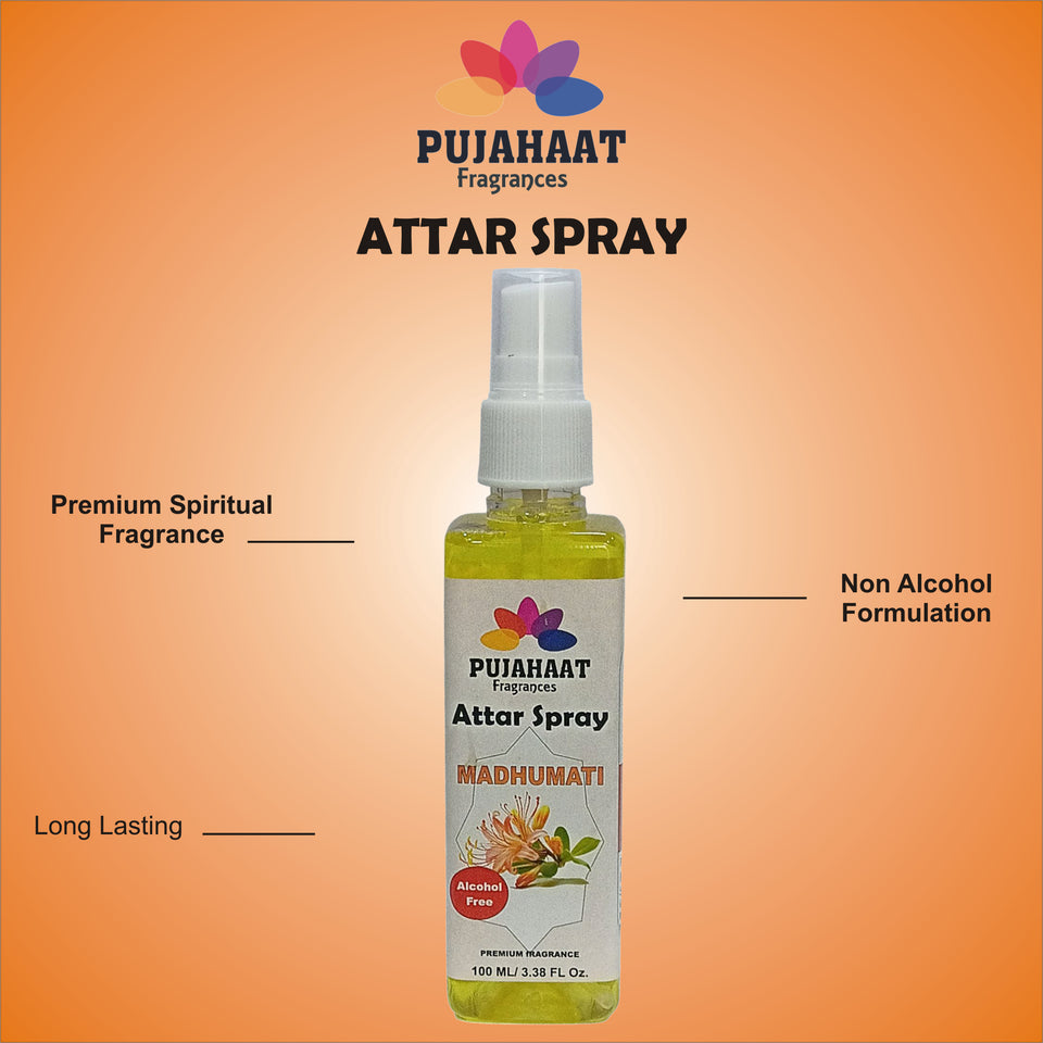 Madhumati | Honey Suckle Attar Spray by Pujahaat | 100 ml Non Alcoholic Spray | Religious Mist | Air Freshener, Room Mist, Fabric & Linen Spray | Perfect for Prayers Rooms, Living Room, sofas, curtains, car