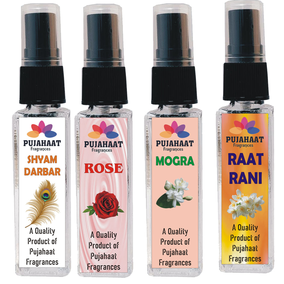 Pujahaat Mogra, Rose, Raatrani, Shyam Darbar Set of 4 Perfume Attar Spray 8ml | itra/ittar Perfume | For Pooja/Personal Use