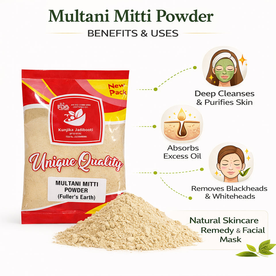Kunjika Jadibooti Natural Multani Mitti | Powder Form | Fuller's Earth | Calcium Bentonite Clay | for All Skin Type | Face Pack And Hair Pack | Multani Mitti Powder - 100 gm