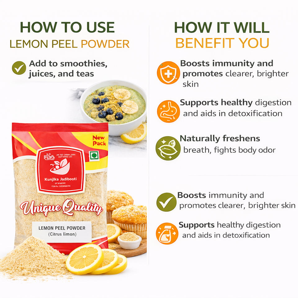 Kunjika Jadibooti Lemon Peel Powder | Citrus Limon | Pure & Natural Lemon Peel Powder for face, Skin Whitening | Face Pack Glowing skin | Face Cleanse - 100 gm