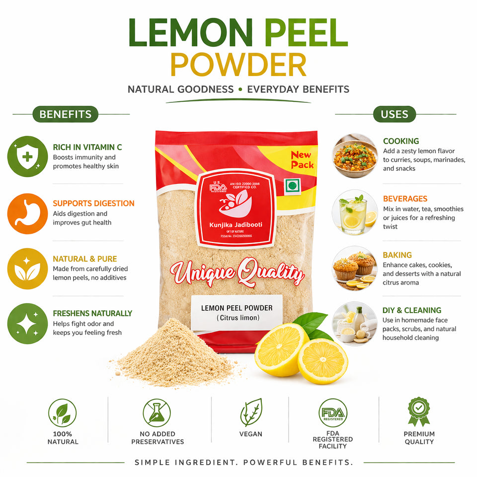 Kunjika Jadibooti Lemon Peel Powder | Citrus Limon | Pure & Natural Lemon Peel Powder for face, Skin Whitening | Face Pack Glowing skin | Face Cleanse - 100 gm