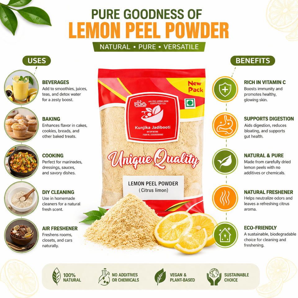 Kunjika Jadibooti Lemon Peel Powder | Citrus Limon | Pure & Natural Lemon Peel Powder for face, Skin Whitening | Face Pack Glowing skin | Face Cleanse - 100 gm