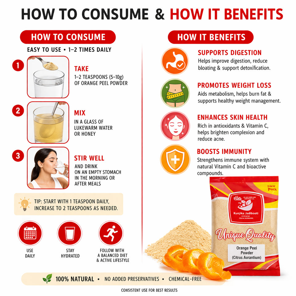 Kunjika Jadibooti Pure & Natural Orange Peel Powder for Face Pack with Vitamin C & Antioxidants | Face Pack Glowing skin | Face Cleanse - 100 gm