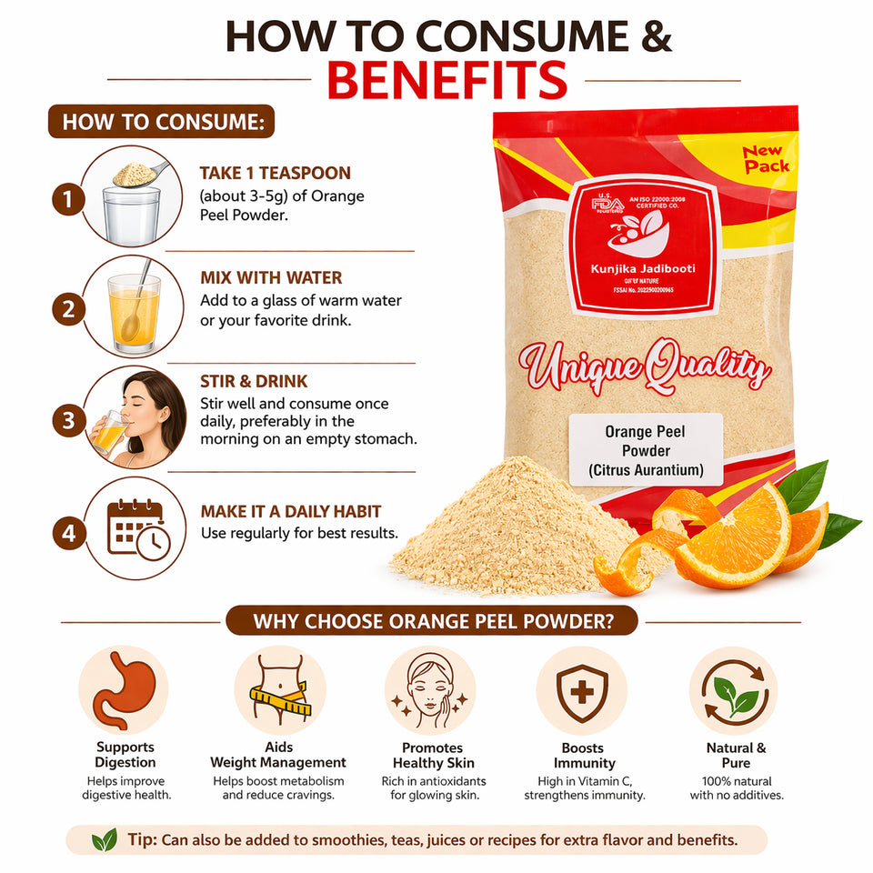 Kunjika Jadibooti Pure & Natural Orange Peel Powder for Face Pack with Vitamin C & Antioxidants | Face Pack Glowing skin | Face Cleanse - 100 gm