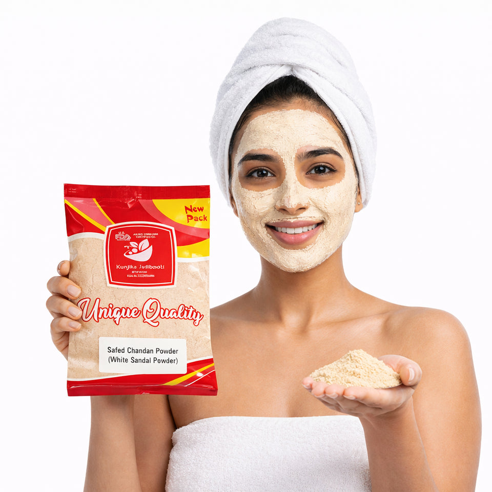 Kunjika Jadibooti Pure White Chandan Powder | White Sandalwood | Safed Chandan for Skin Whitening, Pooja | Chandan Powder For Face Pack | For Facial Uses - 100 gm