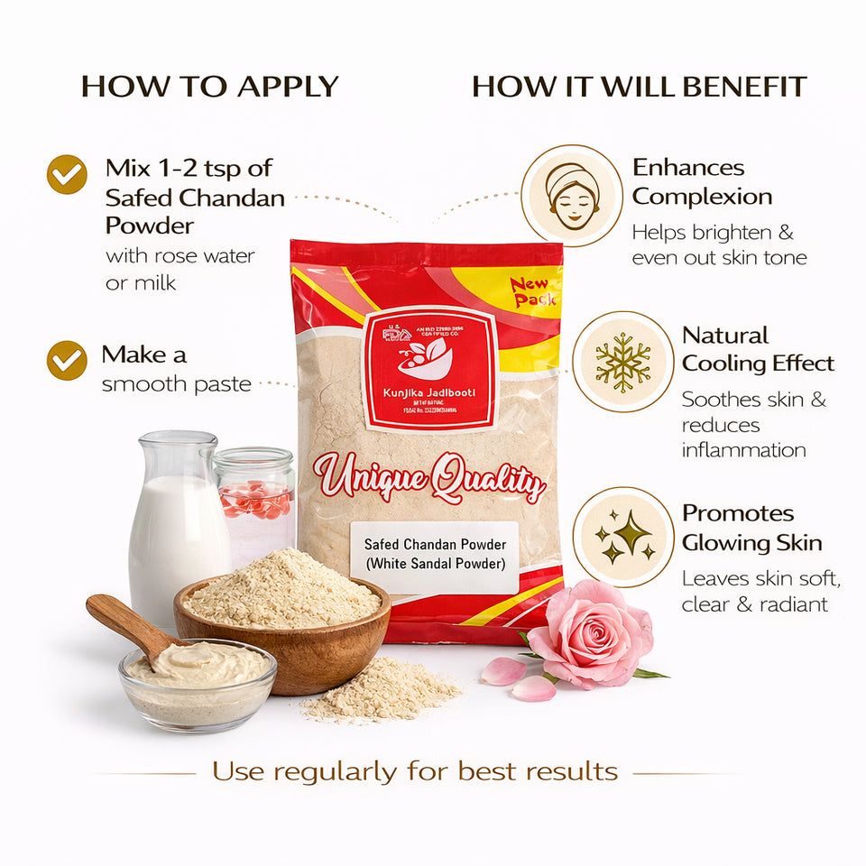 Kunjika Jadibooti Pure White Chandan Powder | White Sandalwood | Safed Chandan for Skin Whitening, Pooja | Chandan Powder For Face Pack | For Facial Uses - 100 gm